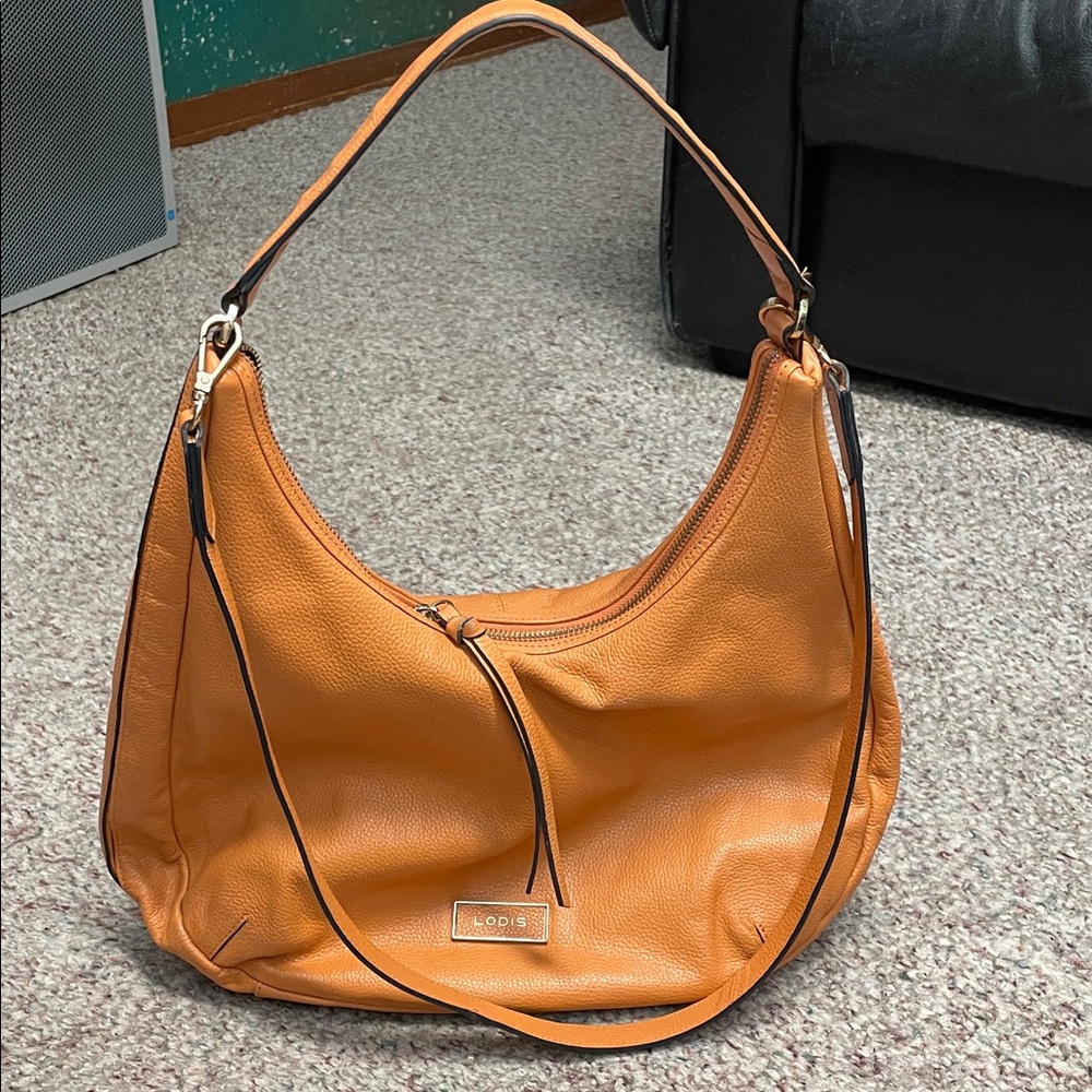 Lodis leather Vibrant Orange Hobo Bag with detachable crossbody